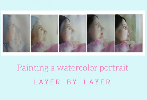 Painting a watercolor portrait layer by layer by Sandrine Pelissier on ARTiful,painting demos