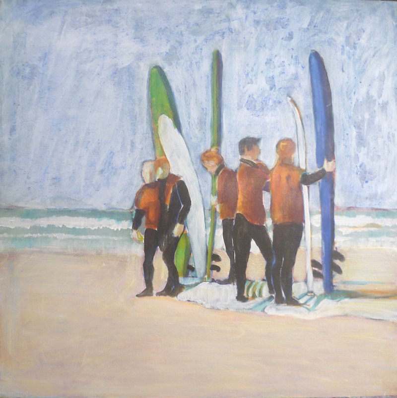 acrylic painting ideas, painting a seascape with surfers
