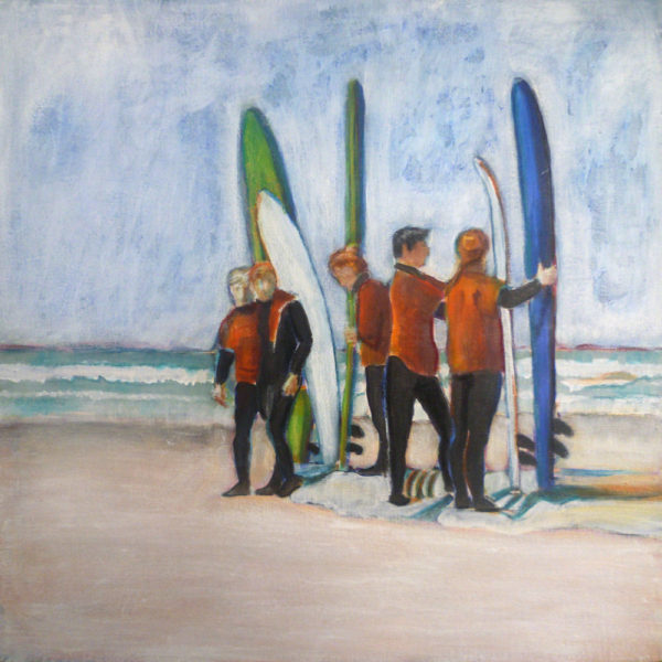 Tofino Surfers painting tutorials, a watercolor and a mixed media variation on the same subject