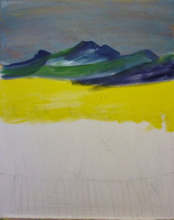 layering colors for the sky and working on the mountains