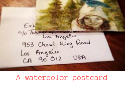 A watercolor postcard for the Twitter Art exhibit on ARTiful, painting demos by Sandrine Pelissier