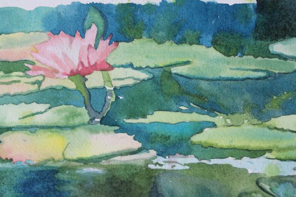 details of watercolor lily pads painting by North Vancouver artist Sandrine Pelissier