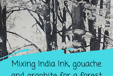 Mixing India Ink, Graphite and Acrylic for a black and white forest painting on ARTiful, painting demos by Sandrine Pelissier
