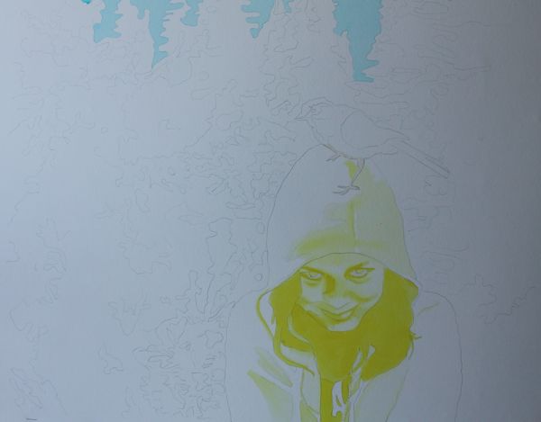 layering watercolors to paint a portrait- The first layer is yellow