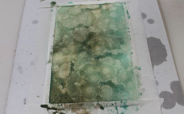 adding visual texture by sprinkling alcohol on the wet watercolor wash