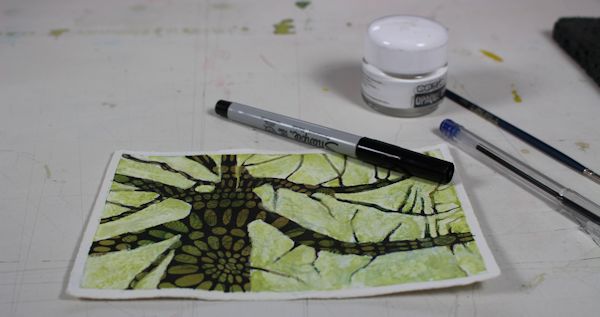 crochet looking pattern on watercolor tree postcard