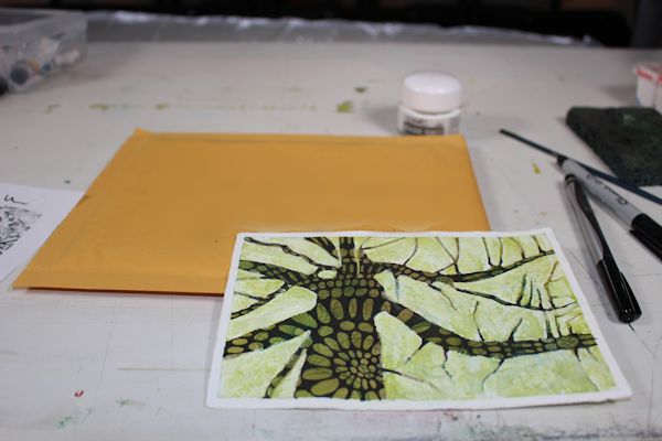 watercolor and acrylic patterned tree postcard