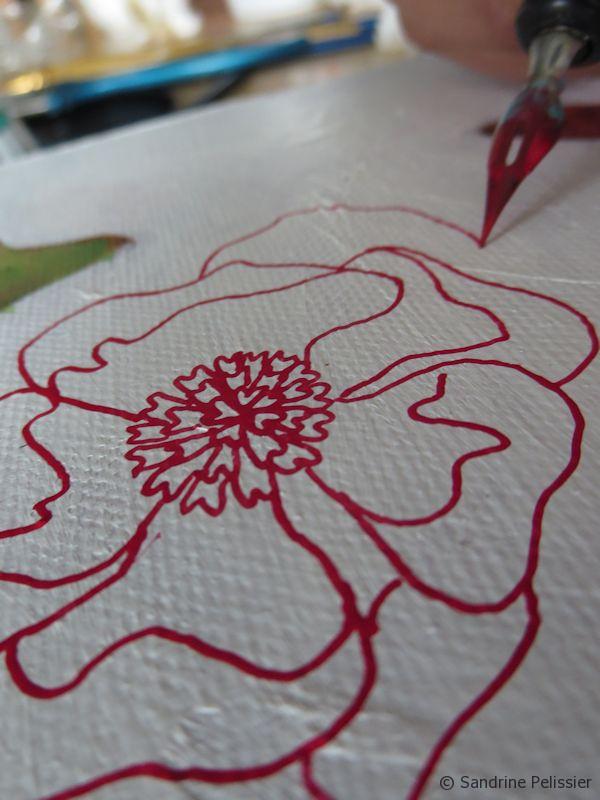 Drawing a peony with pen and ink