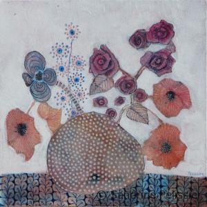 Poppies and Roses, mixed media on canvas