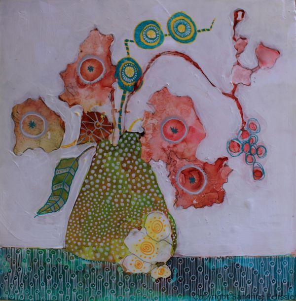 A series of three mixed media flowers on yupo paper