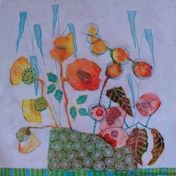 A series of three mixed media flowers on yupo paper