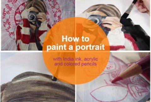 How to Paint A Watercolor Portrait with India Ink, Acrylic and Colored Pencils : Selfie