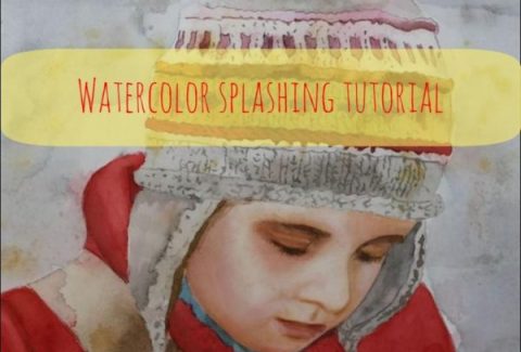 Watercolor portrait painting tutorial with splashing technique : Drawing on my notebook works better with my lucky hat on
