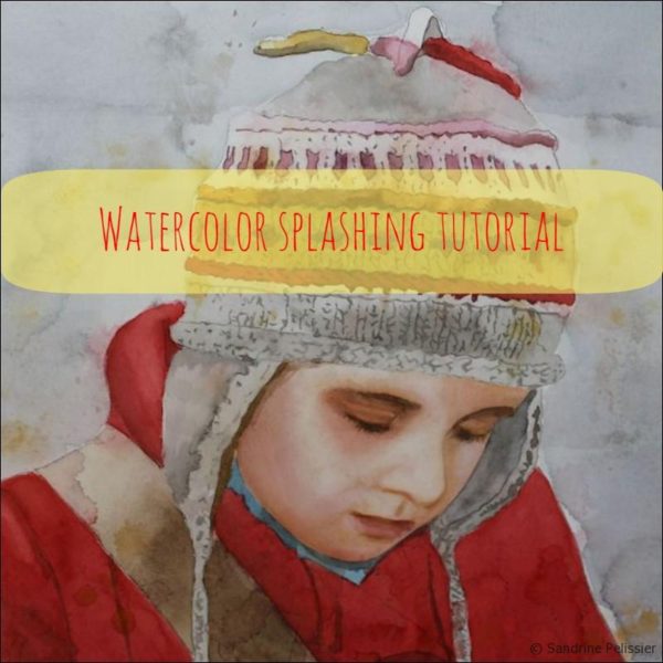 Watercolor portrait painting tutorial with splashing technique : Drawing on my notebook works better with my lucky hat on