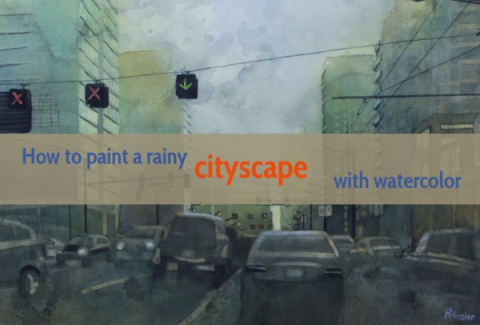 Painting a rainy cityscape with watercolors on paintingdemos.com