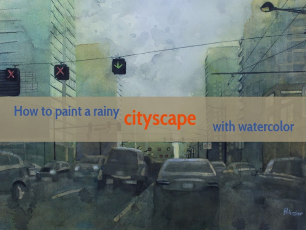 Painting a rainy cityscape with watercolors on paintingdemos.com