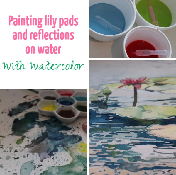 Painting lily pads and reflections on water with watercolor on ARTiful painting demos by Sandrine Pelissier