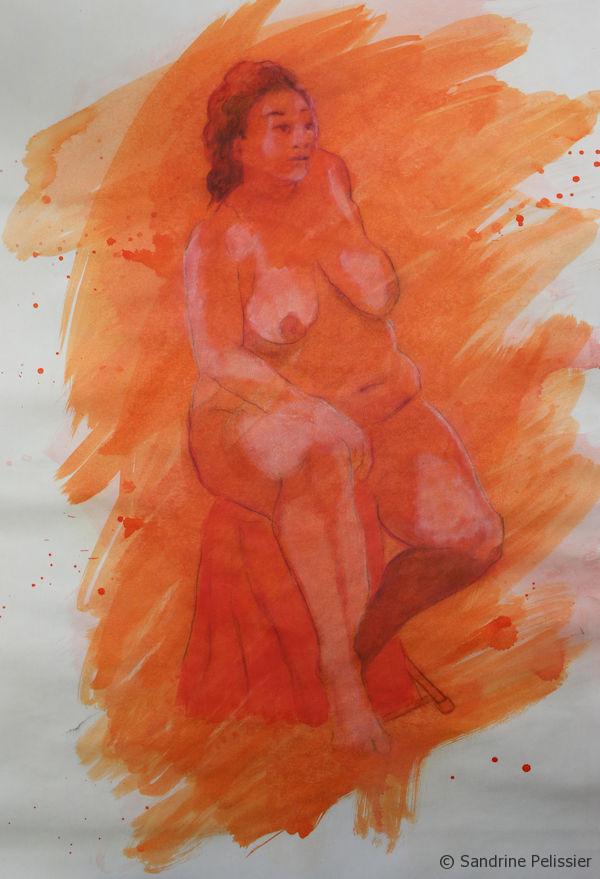 painting with acrylic ink and watercolor crayons over life drawings