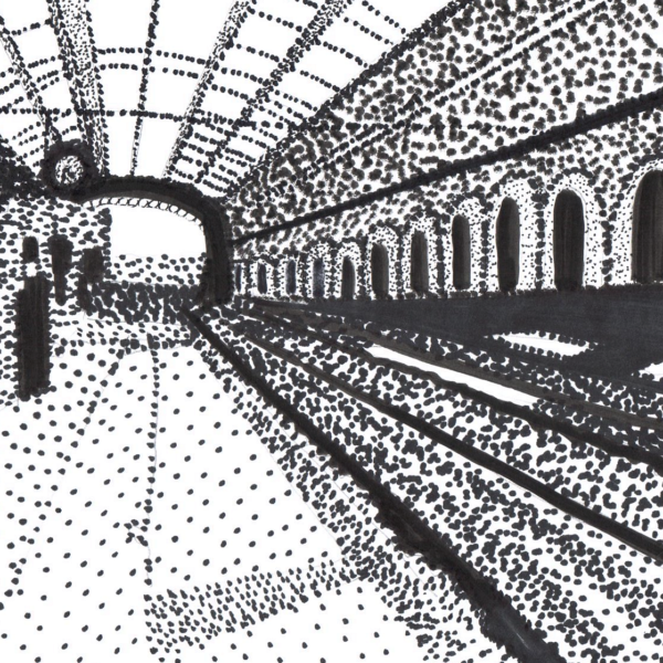 strippling drawing of a train station